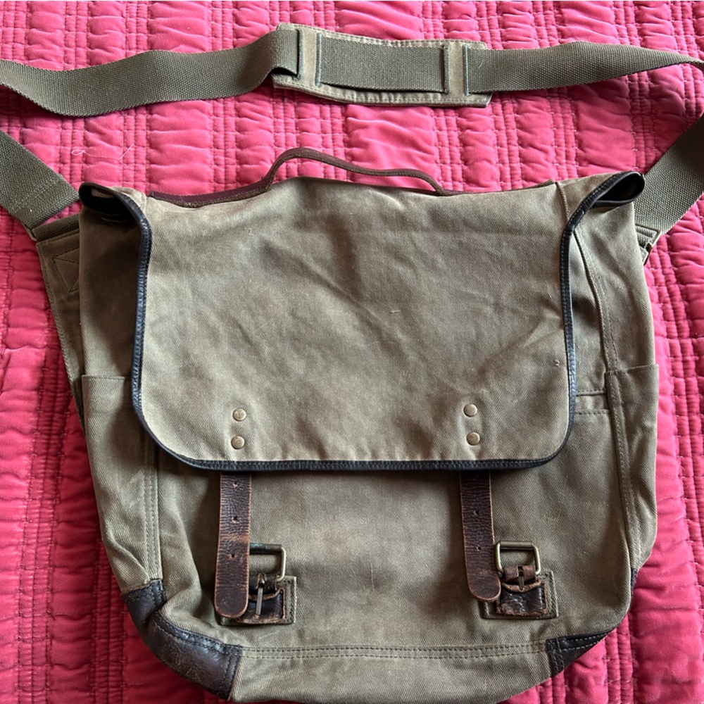 J. Crew Green and Brown Messenger Bag with Canvas Fabric and Adjustable Strap